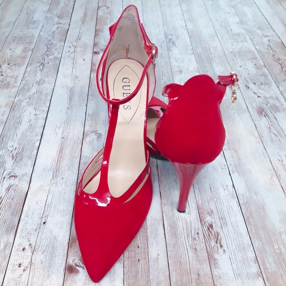 GUESS Strappy Red Suede Patent Leather Stilettos - Picture 3 of 9